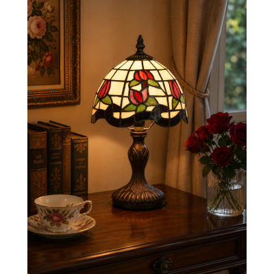 Lampa stołowa Tiffany 5LL-5619 – Klasyczna elegancja z motywem czerwonych róż